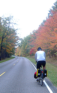 Woman on a bike with fall foliage